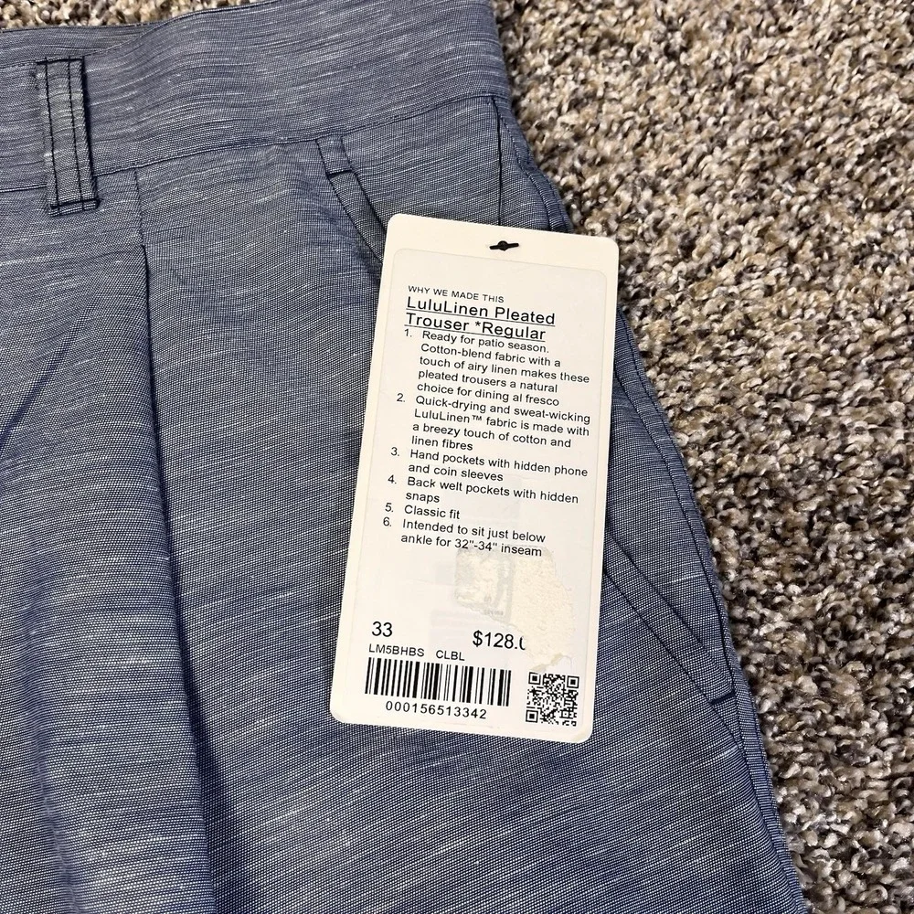 NEW Lululemon Pants Mens Size 33x31 Blue Linen Pleated Trouser Classic Fit Dress
